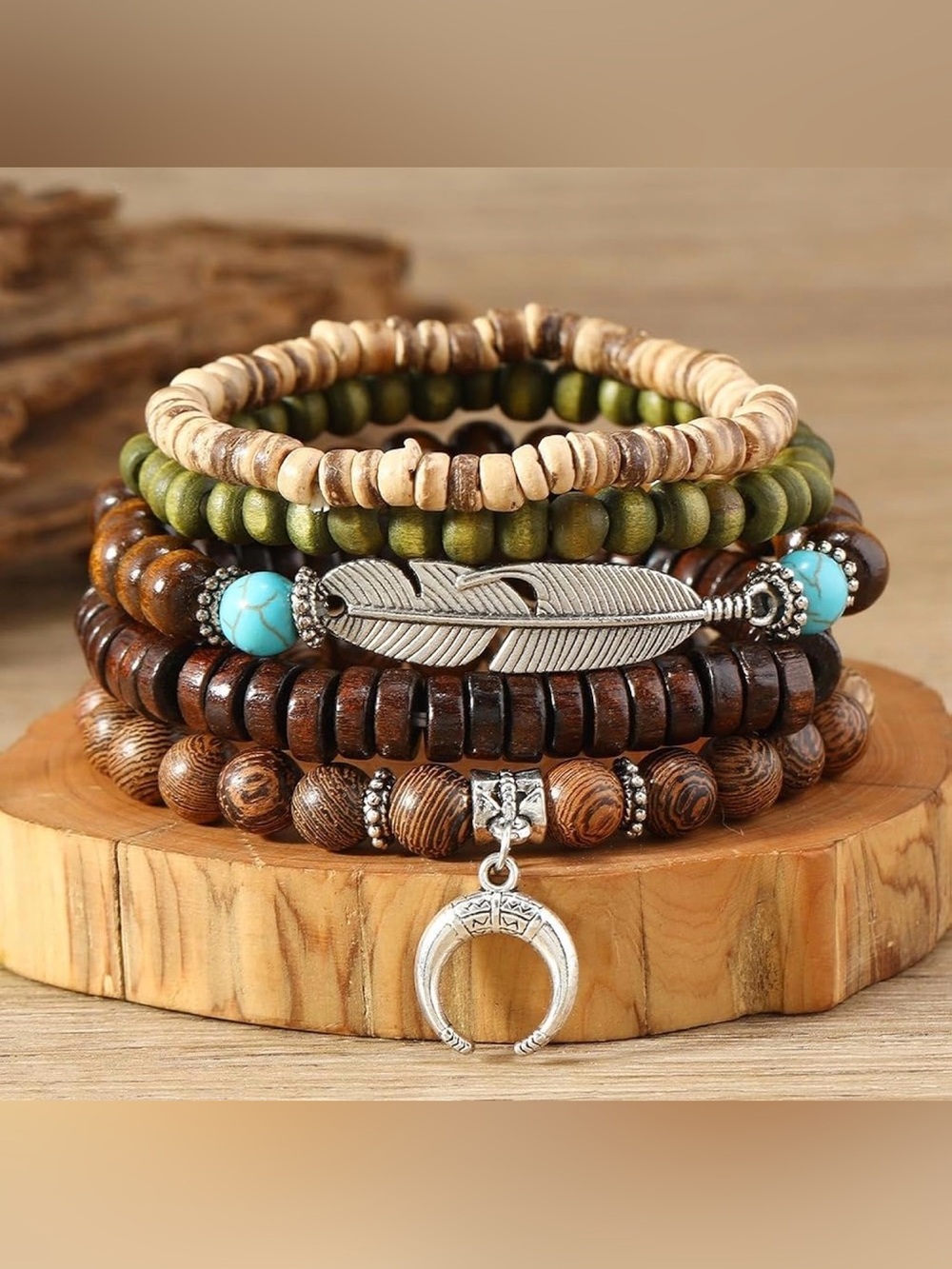 🌙✨5pcs Western Brown, Olive & Turquoise Beaded Layered Bracelet Set